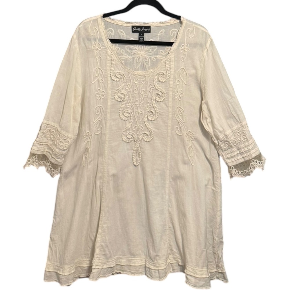 Gretty Zueger Celestina Boho Cream Embroidered Cotton Lace Tunic Blouse Top L